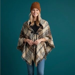 Cozy Plaid Knit Poncho Wrap in Brown & Cream